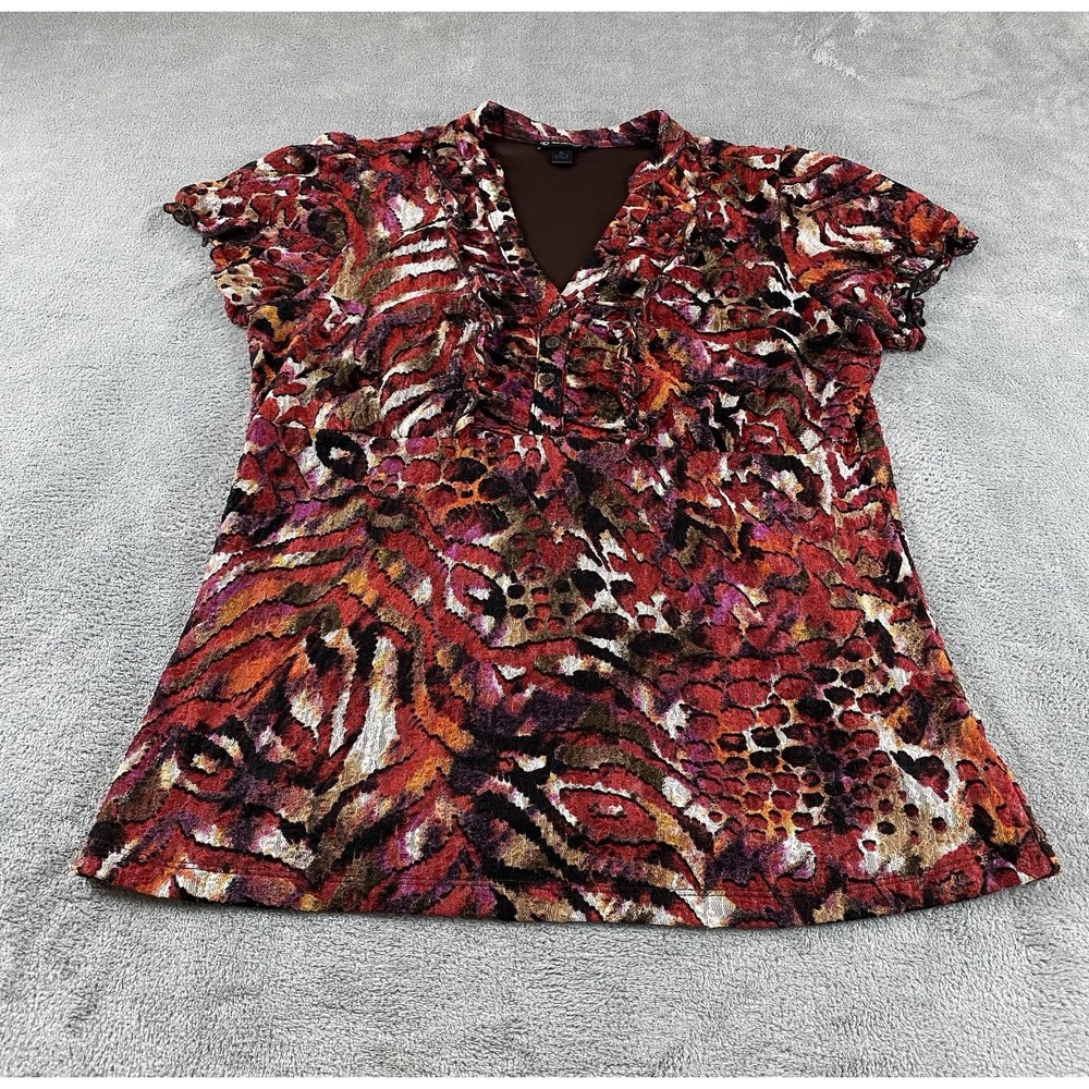 New Directions Women's Top XL Henley Red Multicolored‎ Artsy Mesh C20